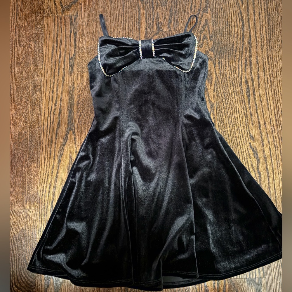 Love, Nickie Lew black velvet party dress with rhinestone bow, size 7